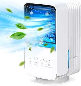 OMISOON Climatiseur Portable, Climatiseur Mobile Silencieux 4 en 1, 120° Oscillation, Refroidisseur d'air de 700 ml, 3 Vitesses, 2 Modes de Brumisation, Mini Climatiseur Adapté à la Coucher, Bureau